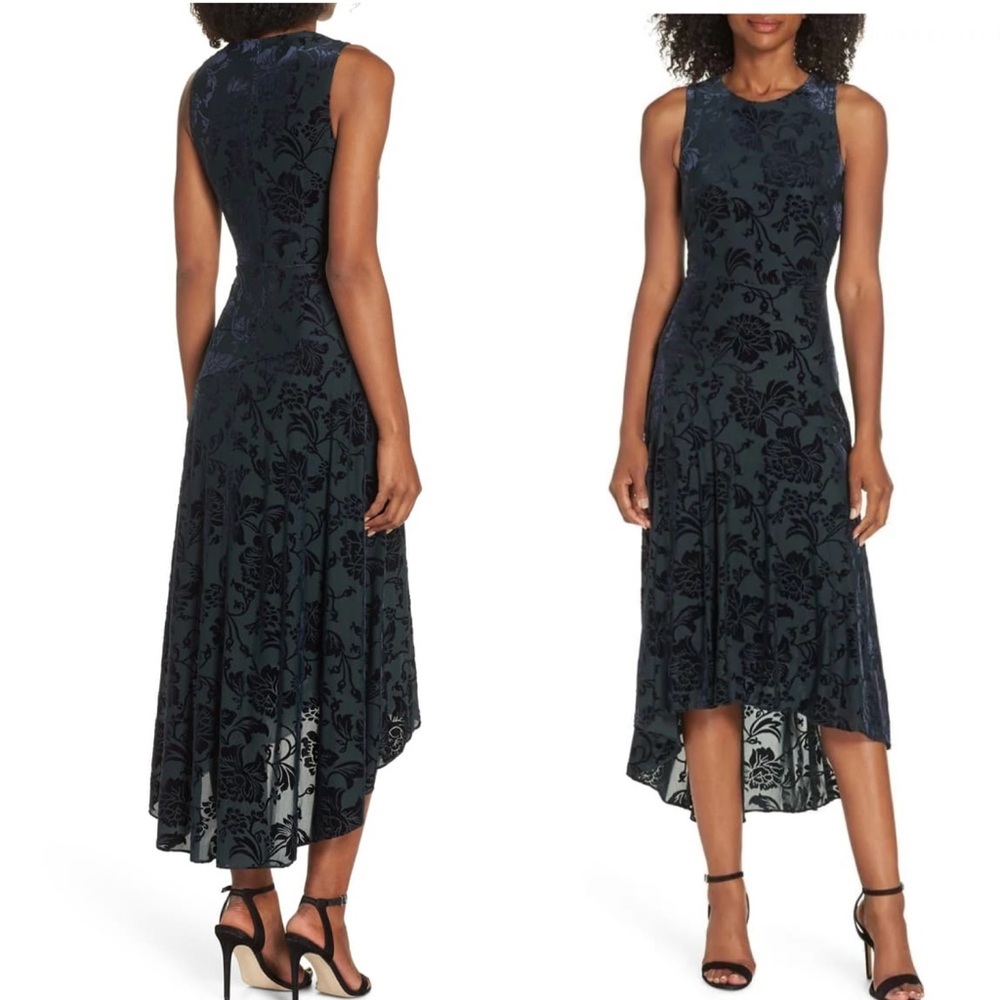 Vince Camuto Burnout Green Navy Velvet Highlow Dress sleeveless cocktail party